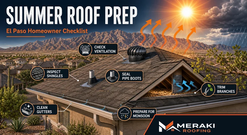 Summer roof prep checklist infographic for El Paso homes — 10 items to complete before monsoon season